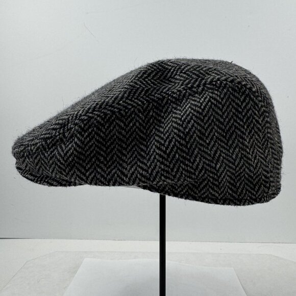 Chaps Mens Herringbone Flat Cap Newsboy Hat Wool Polyester Black Gray S/M - Picture 2 of 8